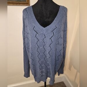 SHEIN Dusty Blue V-Neck Openwork Knit Sweater